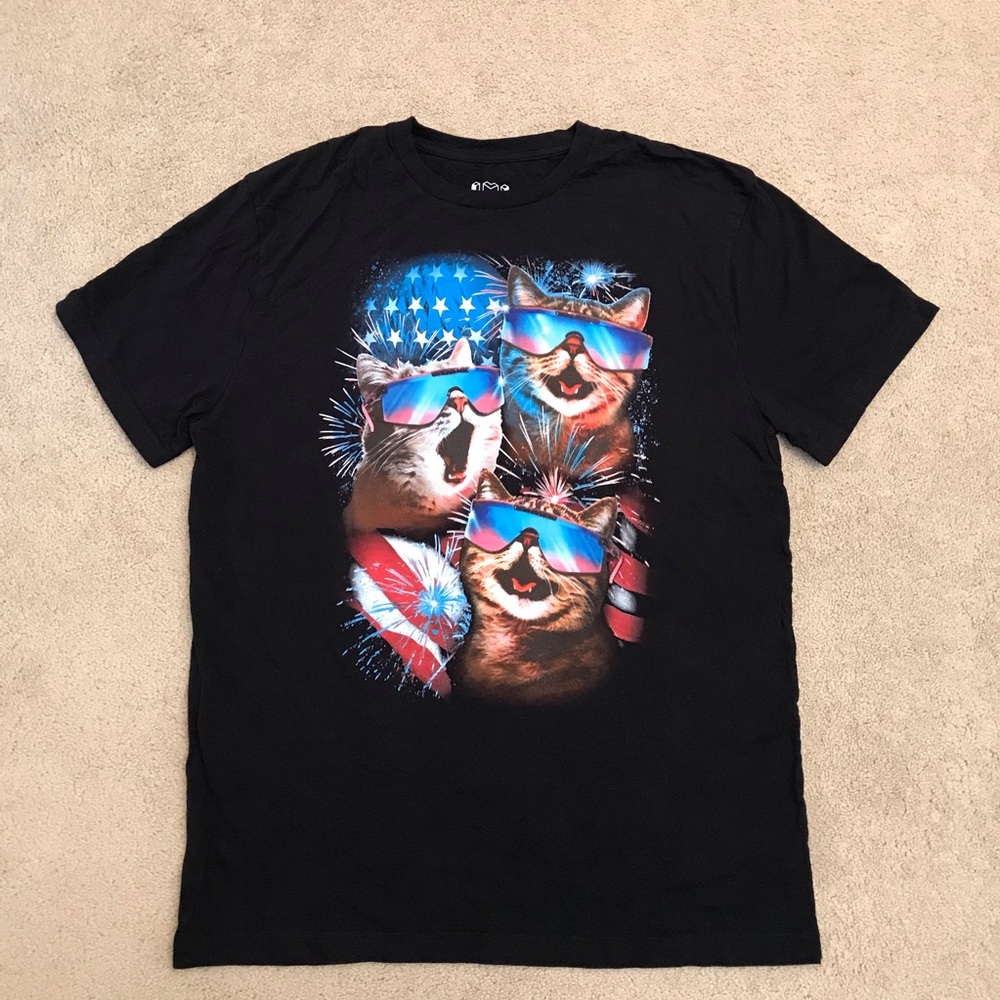 July 4th Patriotic Cats Graphic T Shirt Mens XL Black American Flag Fireworks